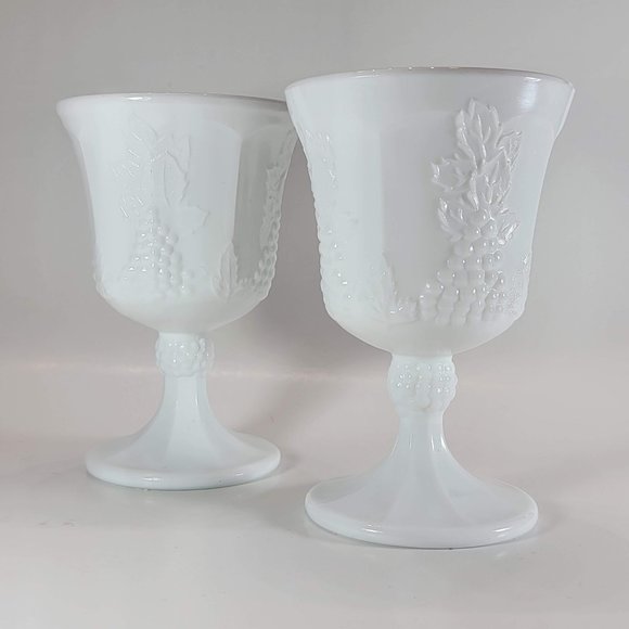 Vintage Harvest Milk Glass Goblet By Colony Grapes And Leaves Pattern Set of 6 - Picture 2 of 5
